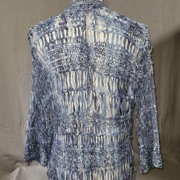 Chico's size 0 blue crochet net open front cardigan with tassels - Picture 5 of 9